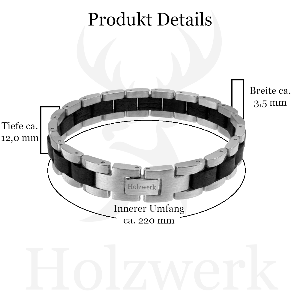 Holzwerk KALKSEE silber-schwarzes  Holz Armband aus Ebonyholz und Edelstahl mit Maßangaben