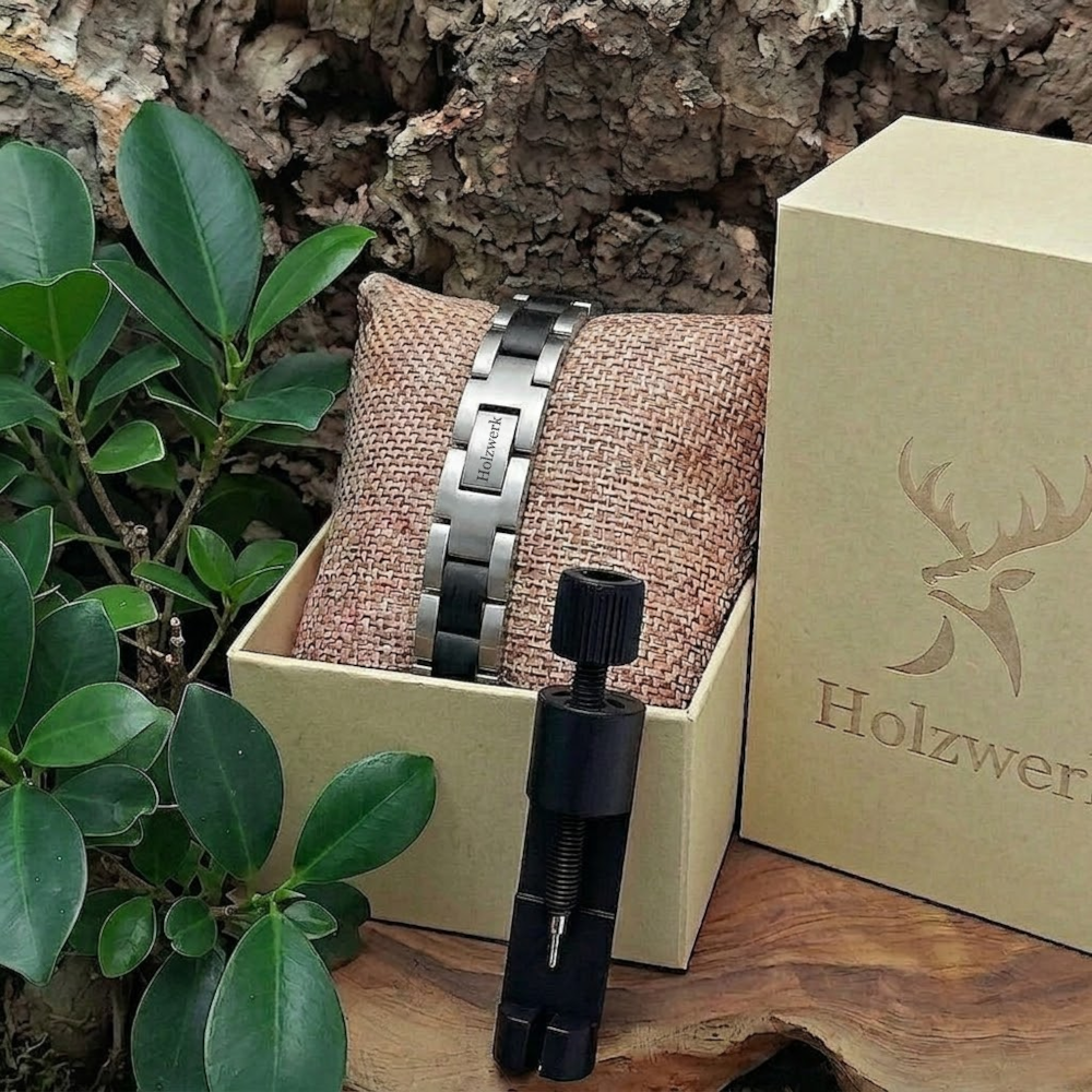 Holzwerk KALKSEE silber-schwarzes  Holz Armband aus Ebonyholz und Edelstahl in Holzwerk Uhrenbox