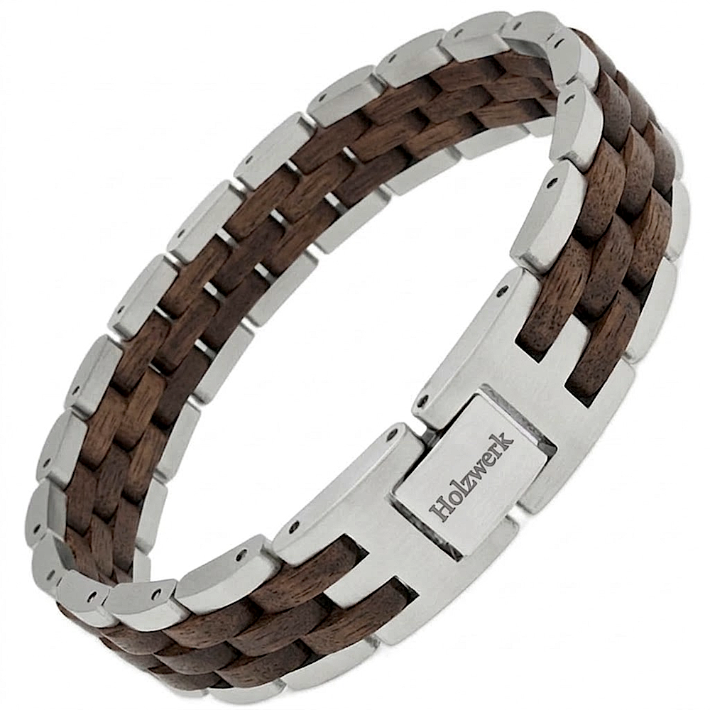 Holzwerk KRAICHSEE silber-braunes  Holz Armband aus Walnussholz und Edelstahl mit Gliederkonstruktion Schrägansicht