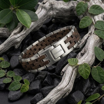 Holzwerk KRAICHSEE silber-braunes  Holz Armband aus Walnussholz und Edelstahl mit Gliederkonstruktion in Holzumgebung