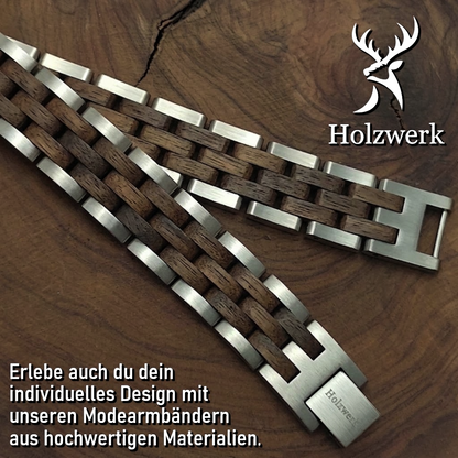Holzwerk KRAICHSEE silber-braunes  Holz Armband aus Walnussholz und Edelstahl, Detailansicht der Gliederkonstruktion