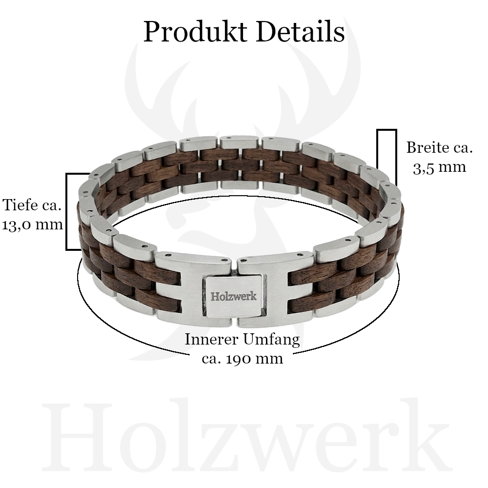 Holzwerk KRAICHSEE silber-braunes  Holz Armband aus Walnussholz und Edelstahl mit Maßangaben