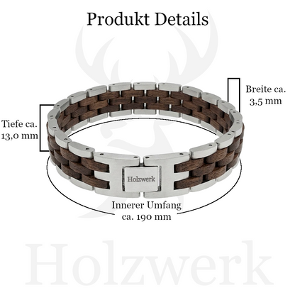 Holzwerk KRAICHSEE silber-braunes  Holz Armband aus Walnussholz und Edelstahl mit Maßangaben