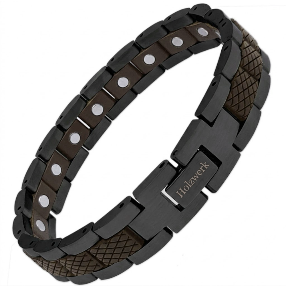 Holzwerk LANGESEE schwarz-braunes  Magnet Armband aus Walnussholz und Edelstahl mit Gliederkonstruktion Schrägansicht
