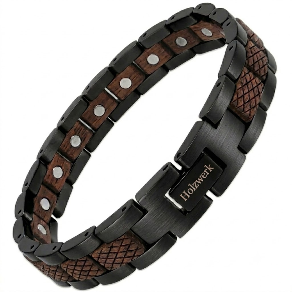 Holzwerk LANGESEE schwarz-braunes  Magnet Armband aus Walnussholz und Edelstahl mit Gliederkonstruktion Schrägansicht