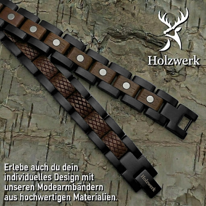 Holzwerk LANGESEE schwarz-braunes  Magnet Armband aus Walnussholz und Edelstahl, Detailaufnahme der Gliederkonstruktion