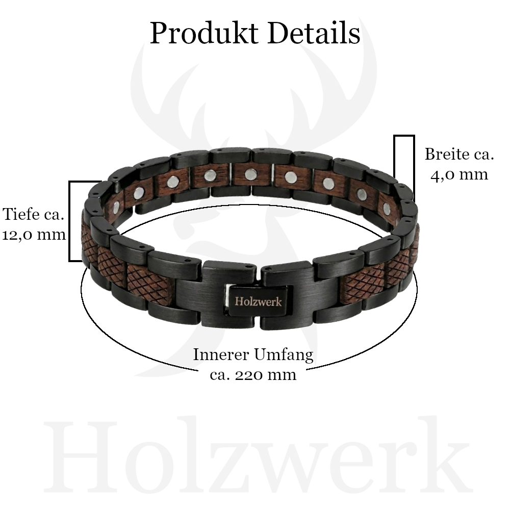 Holzwerk LANGESEE schwarz-braunes  Magnet Armband aus Walnussholz und Edelstahl mit Maßangaben
