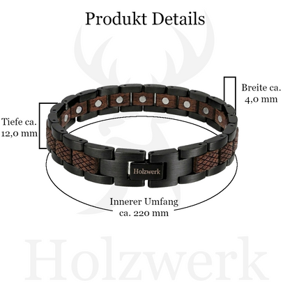 Holzwerk LANGESEE schwarz-braunes  Magnet Armband aus Walnussholz und Edelstahl mit Maßangaben