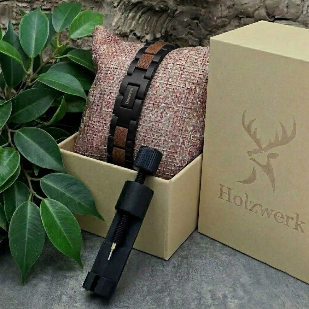 Holzwerk LANGESEE schwarz-braunes  Magnet Armband aus Walnussholz und Edelstahl, in Holzwerk Uhrenbox