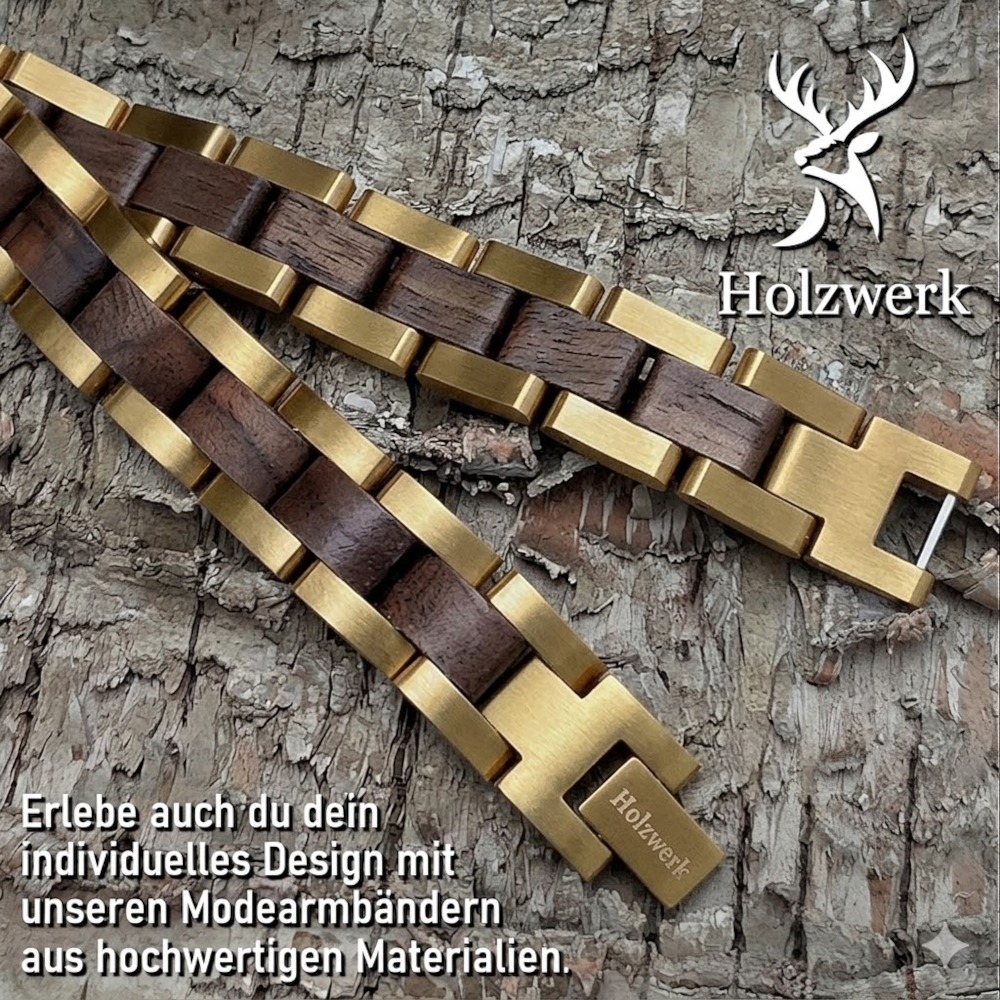 Holzwerk LEHNSEE gold-braunes Holz Armband aus Walnussholz und Edelstahl, Detailansicht der Gliederkonstruktion