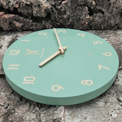 Holzwerk LIMBURG (FUNK) 25 cm moderne Holz-Funk Wanduhr in mintgrün aus Vollholz mit Metallzeigern, Seitenansicht links