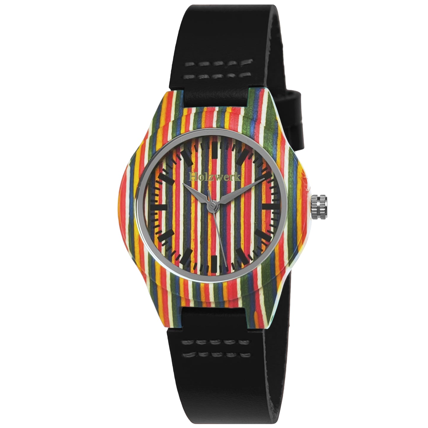 Holzwerk LINZ BLACK bunte kleine Regenbogen Damen und Kinder Armbanduhr, Holz & Leder Armband Uhr, LGBTQ Uhr, modische Holzuhr, schwarz, Hauptbild