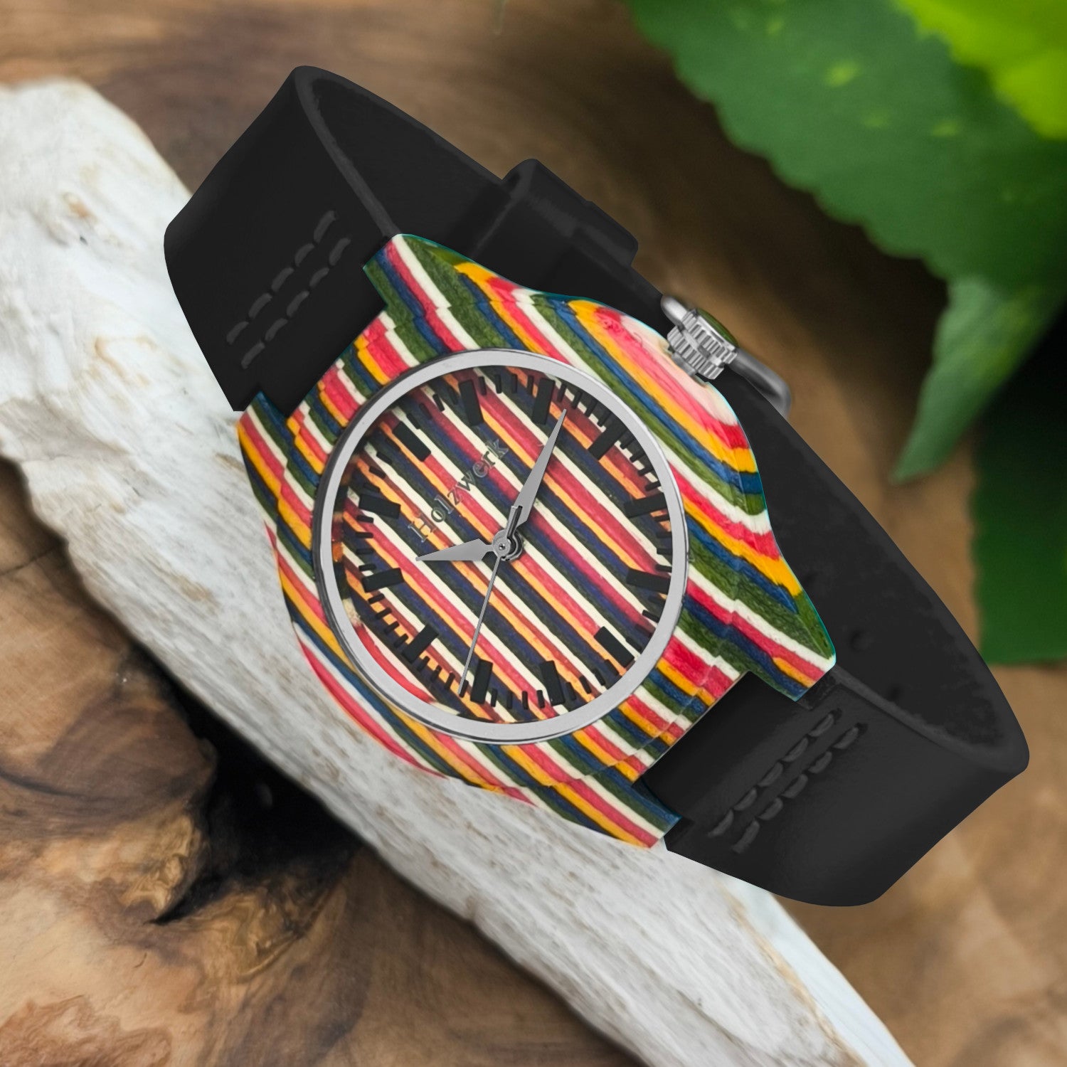 Holzwerk LINZ BLACK bunte kleine Regenbogen Damen und Kinder Armbanduhr, Holz & Leder Armband Uhr, LGBTQ Uhr, modische Holzuhr, schwarz, links liegend