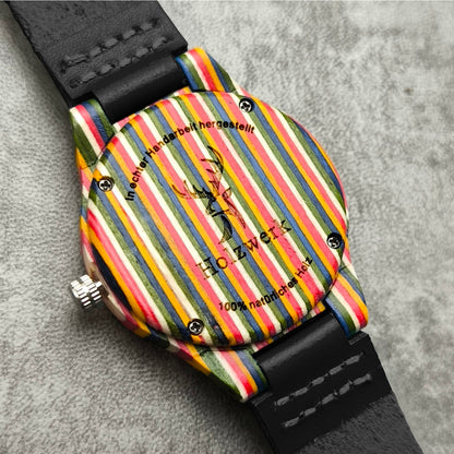 Holzwerk LINZ BLACK bunte kleine Regenbogen Damen und Kinder Armbanduhr, Holz & Leder Armband Uhr, LGBTQ Uhr, modische Holzuhr, schwarz, Gehäuseboden