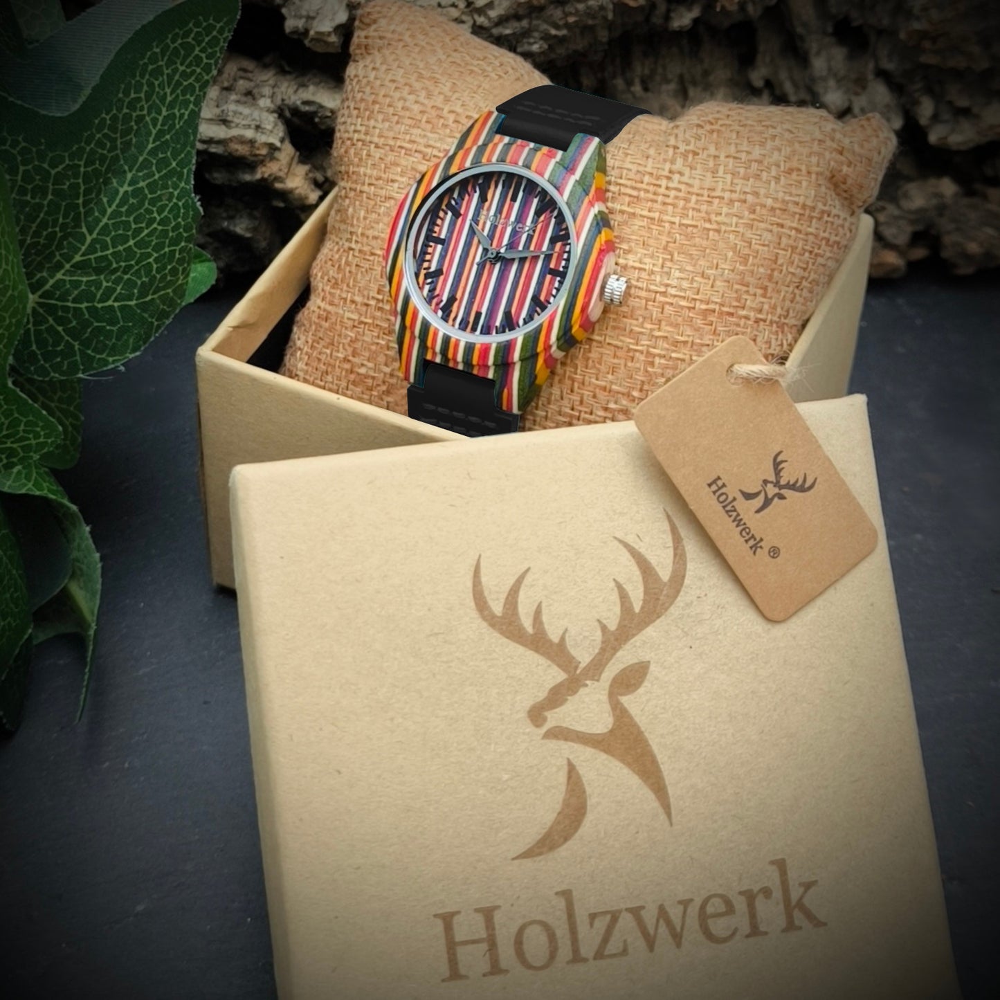 Holzwerk LINZ BLACK bunte kleine Regenbogen Damen und Kinder Armbanduhr, Holz & Leder Armband Uhr, LGBTQ Uhr, modische Holzuhr, schwarz, Uhrenbox