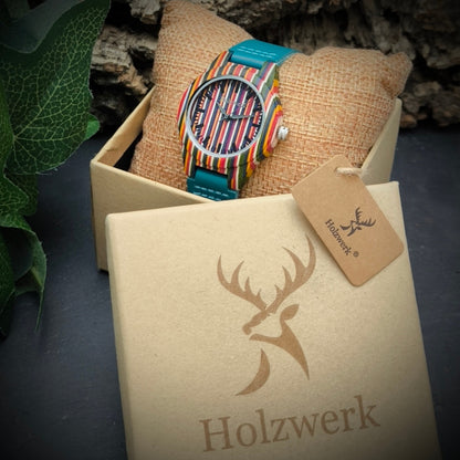 Holzwerk LINZ BLUE bunte kleine Regenbogen Damen und Kinder Armbanduhr, Holz & Leder Armband Uhr, LGBTQ Uhr, modische Holzuhr, türkis blau, Uhrenbox