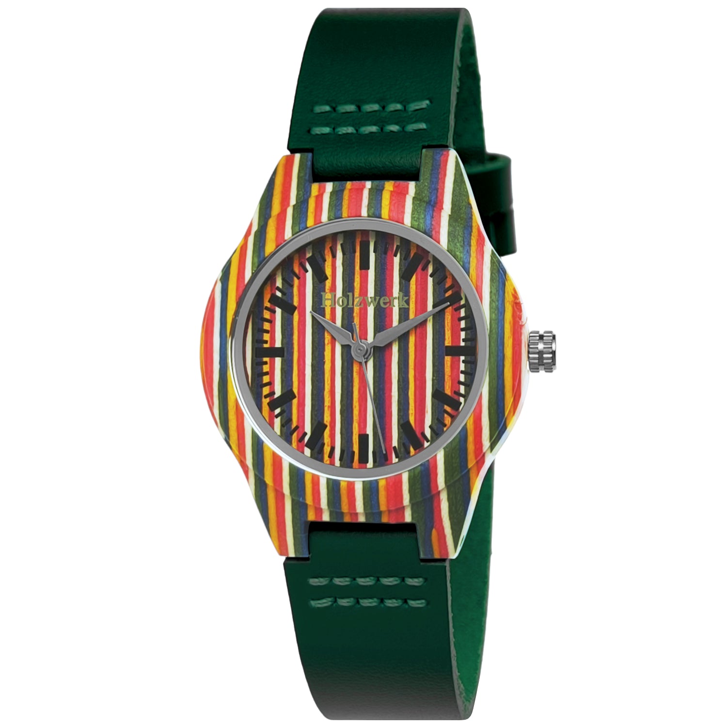 Holzwerk LINZ GREEN bunte kleine Regenbogen Damen und Kinder Armbanduhr, Holz & Leder Armband Uhr, LGBTQ Uhr, modische Holzuhr, dunkel grün, Hauptbild