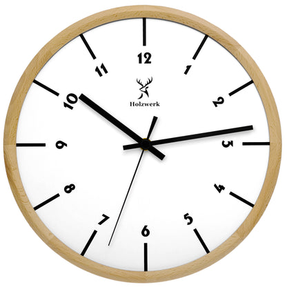 Holzwerk LÜNEBURG Holz Wanduhr groß, Wanduhr im skandinavischen Design, 32 cm Holz Quarz Wand-Uhr lautlos ohne Tick-Geräusche, beige, weiß, Hauptbild