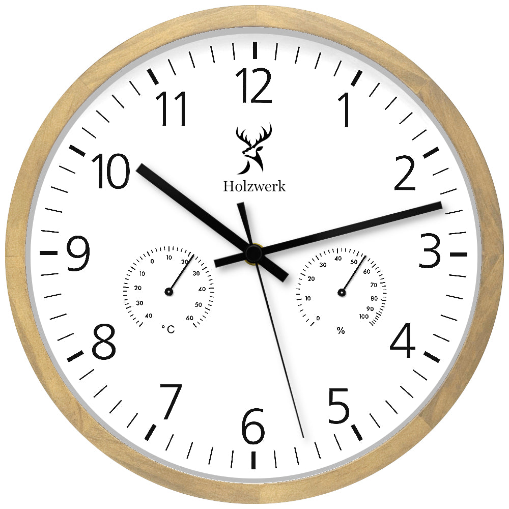 Holzwerk MEERSBURG 30 cm moderne Holz Quarz Wanduhr mit weiß schwarzem Zifferblatt und integrierter Temperatur- und Luftfeuchtigkeitsanzeige, Frontal
