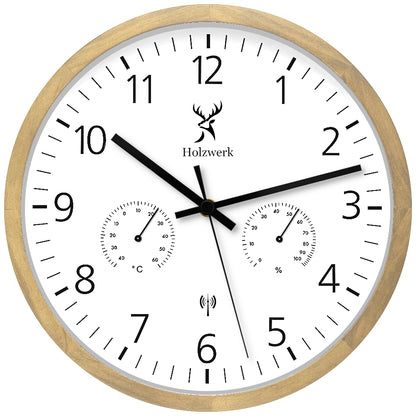 Holzwerk MEERSBURG 30 cm moderne Holz Funk Wanduhr mit weiß schwarzem Zifferblatt und integrierter Temperatur- und Luftfeuchtigkeitsanzeige, Frontal