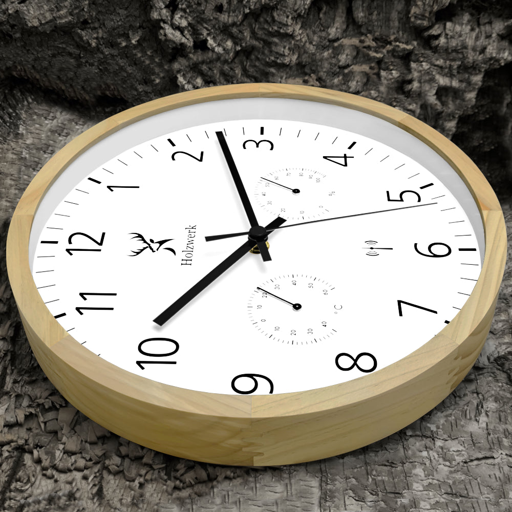 Holzwerk MEERSBURG Designer Holz Funk Wanduhr ohne Tick-Geräusche, 30 cm Durchmesser in beige weiß, Seitenansicht links