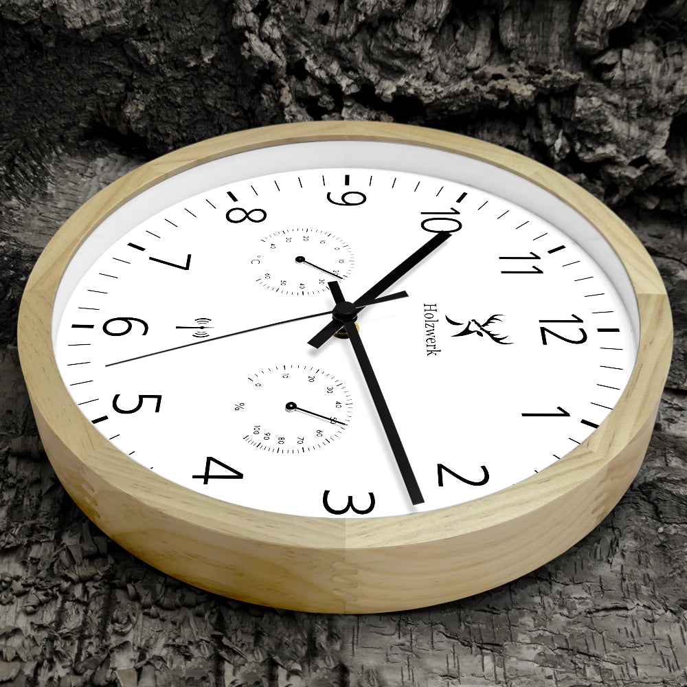 Holzwerk MEERSBURG Designer Holz Funk Wanduhr ohne Tick-Geräusche, 30 cm Durchmesser in beige weiß, Seitenansicht rechts