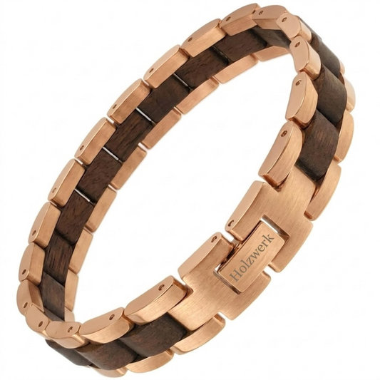 Holzwerk MILASEE roségold-braunes Holz Armband aus Walnussholz und Edelstahl mit Gliederkonstruktion Frontansicht