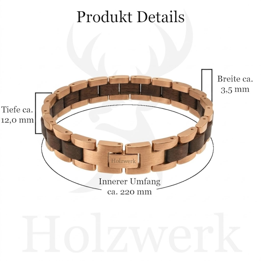 Holzwerk MILASEE roségold-braunes Holz Armband aus Walnussholz und Edelstahl mit Maßangaben