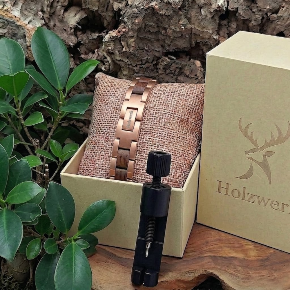 Holzwerk MILASEE roségold-braunes Holz Armband aus Walnussholz und Edelstahl mit Gliederkonstruktion, in Holzwerk Uhrenbox