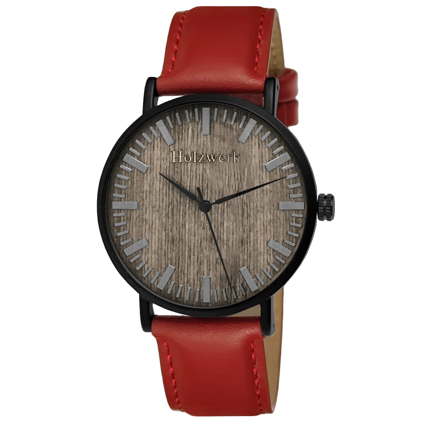 Holzwerk NAUEN Damen & Herren flache Leder & Holz Uhr, rot, schwarz, Hauptbild