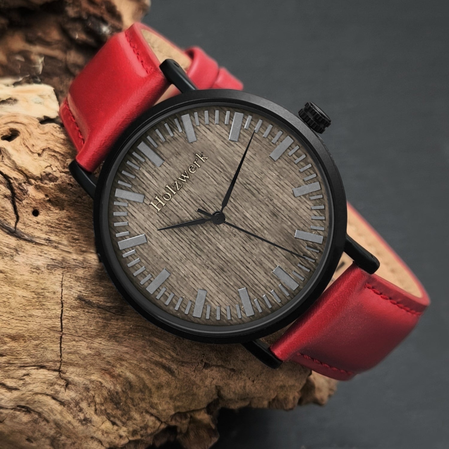 Holzwerk NAUEN Damen & Herren flache Leder & Holz Uhr, rot, schwarz, links liegend