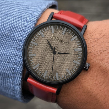 Holzwerk NAUEN Damen & Herren flache Leder & Holz Uhr, rot, schwarz, am Handgelenk