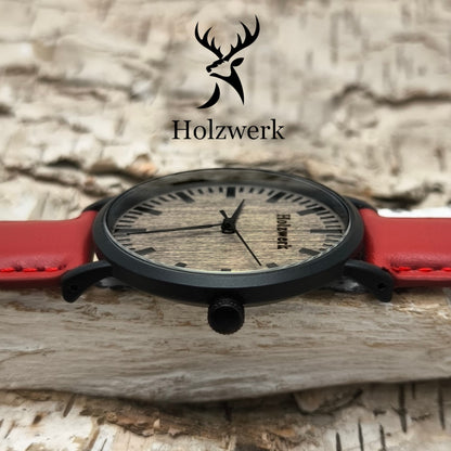 Holzwerk NAUEN Damen & Herren flache Leder & Holz Uhr, rot, schwarz, seitlich liegend