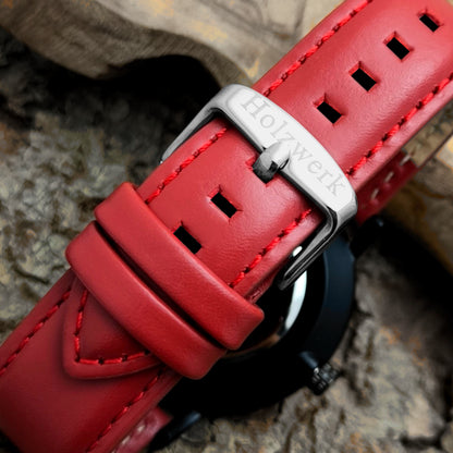 Holzwerk NAUEN Damen & Herren flache Leder & Holz Uhr, rot, schwarz, Armband