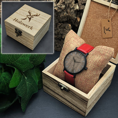 Holzwerk NAUEN Damen & Herren flache Leder & Holz Uhr, rot, schwarz, Uhrenbox