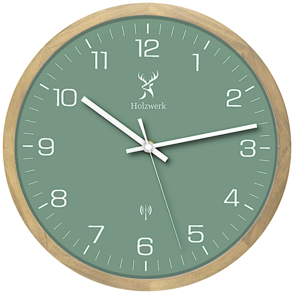 Holzwerk NAUMBURG 30 cm Funk-Wanduhr aus Vollholz mit grün-weißem Zifferblatt und modernem Design, Frontanansicht