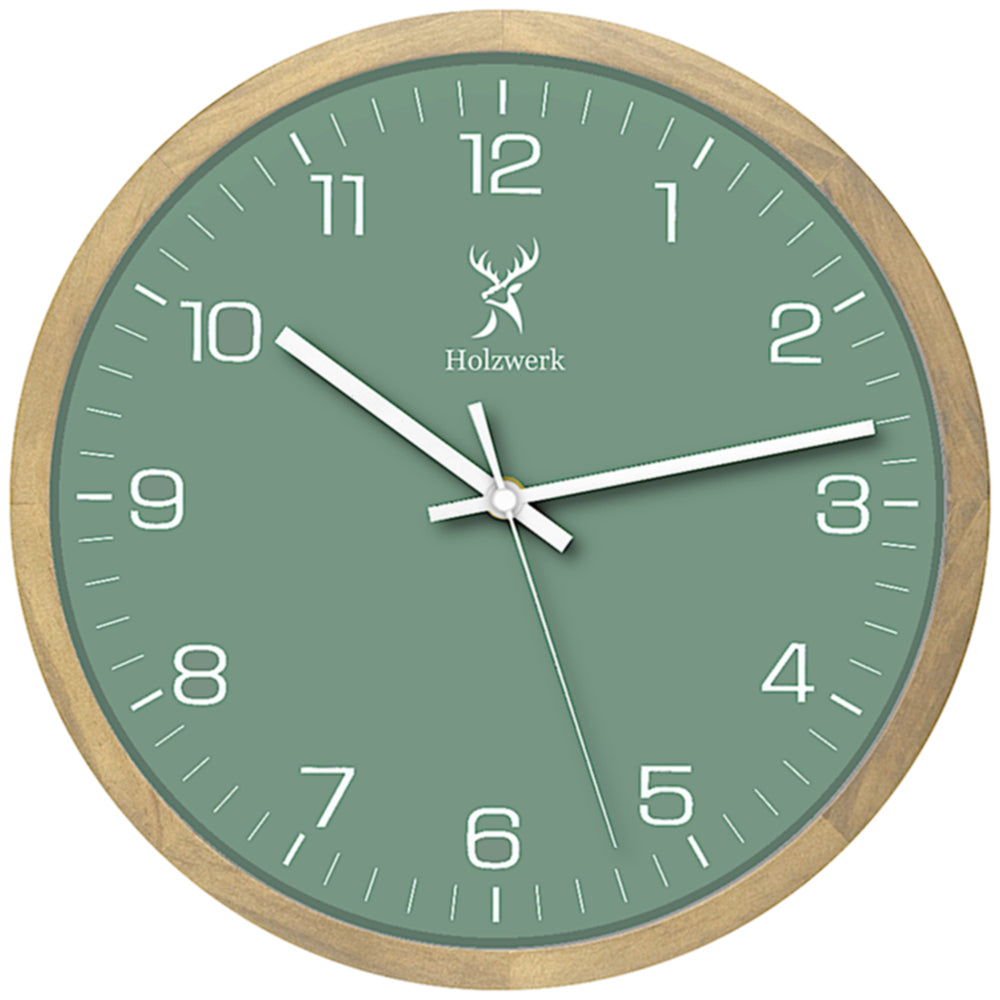 Holzwerk NAUMBURG 30 cm Wanduhr aus Vollholz mit grün-weißem Zifferblatt und modernem Design, Frontanansicht