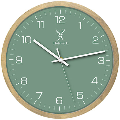 Holzwerk NAUMBURG 30 cm Wanduhr aus Vollholz mit grün-weißem Zifferblatt und modernem Design, Frontanansicht
