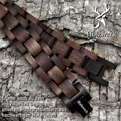 Holzwerk NEBELSEE braun-schwarzes Holz Armband aus Walnussholz und Edelstahl, Detailansicht der Gliederkonstruktion 