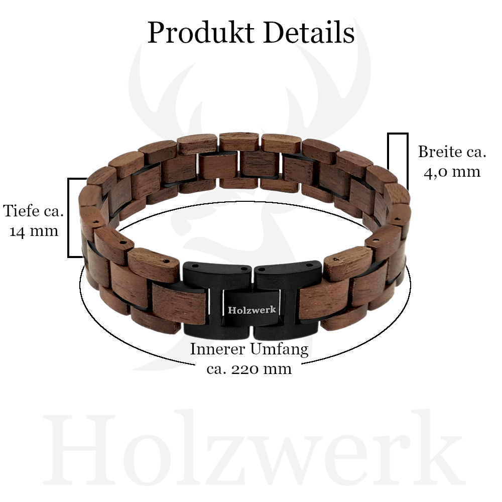 Holzwerk NEBELSEE braun-schwarzes Holz Armband aus Walnussholz und Edelstahl mit Gliederkonstruktion mit Maßangaben
