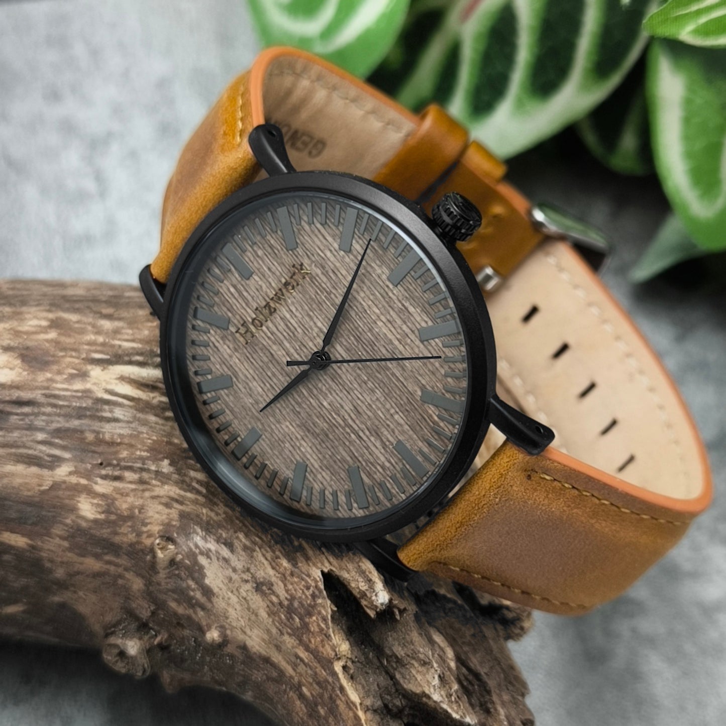 Holzwerk NECKAR Damen und Herren Leder & Edelstahl Holz Armband Uhr, Damenuhr, Herrenuhr, flache 4 mm Armbanduhr, Holzuhr, braun, schwarz, links liegend