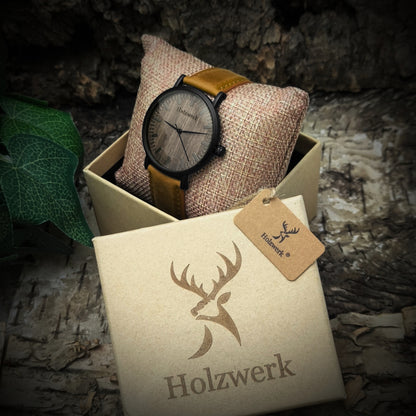 Holzwerk NECKAR Damen und Herren Leder & Edelstahl Holz Armband Uhr, Damenuhr, Herrenuhr, flache 4 mm Armbanduhr, Holzuhr, braun, schwarz, Uhrenbox