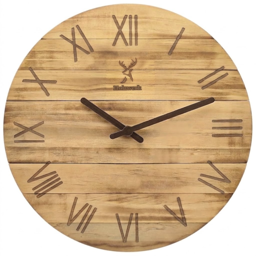 Holzwerk NEUBURG 35 cm moderne Holz-Quarz Wanduhr in beige und braun aus Vollholz mit römischen Ziffern als Frontansicht