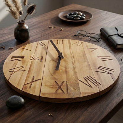 Holzwerk NEUBURG 35 cm moderne Holz-Quarz Wanduhr in beige und braun aus Vollholz, Seitenansicht links