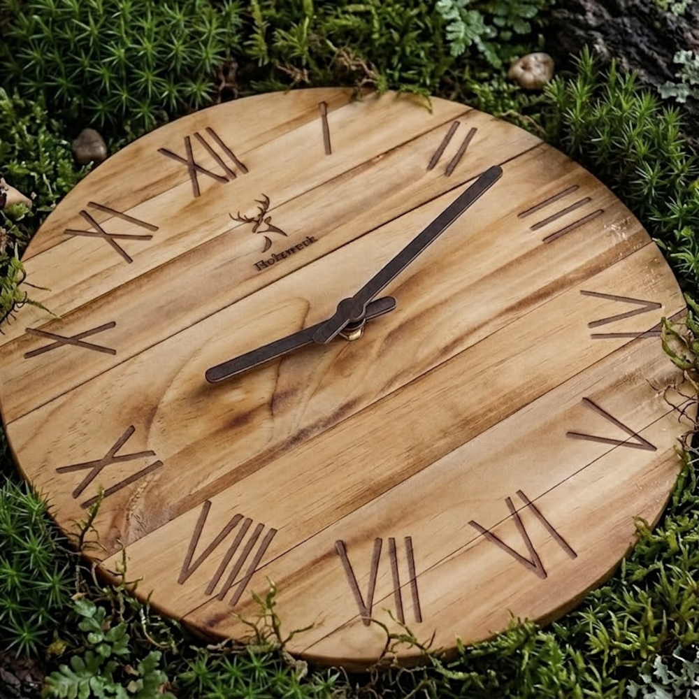 Holzwerk NEUBURG 35 cm moderne Holz-Quarz Wanduhr in beige und braun aus Vollholz, schräge Untersicht outdoor