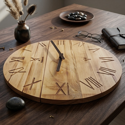 Holzwerk NEUBURG (FUNK) 35 cm moderne Holz-Funk Wanduhr in beige und braun aus Vollholz mit römischen Ziffern als Seitenansicht links