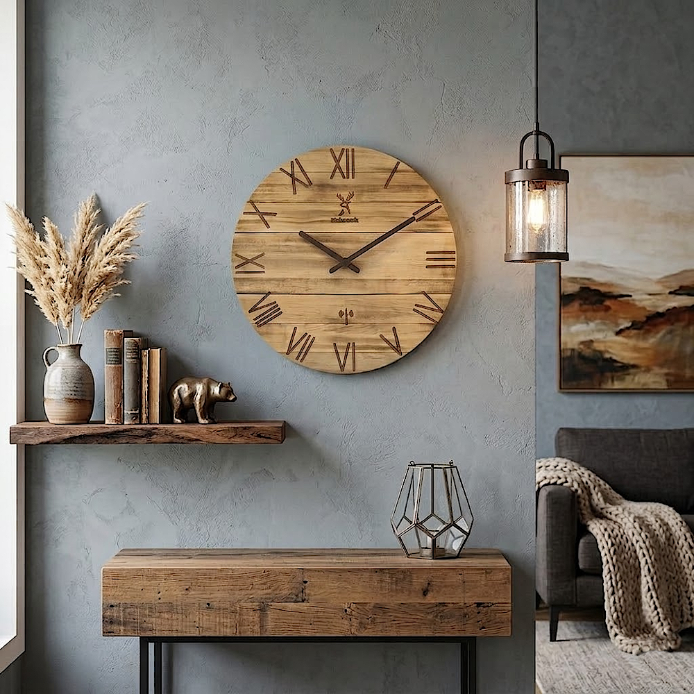 Holzwerk NEUBURG (FUNK) 35 cm moderne Holz-Funk Wanduhr in beige und braun aus Vollholz mit römischen Ziffern an der Wand hängend
