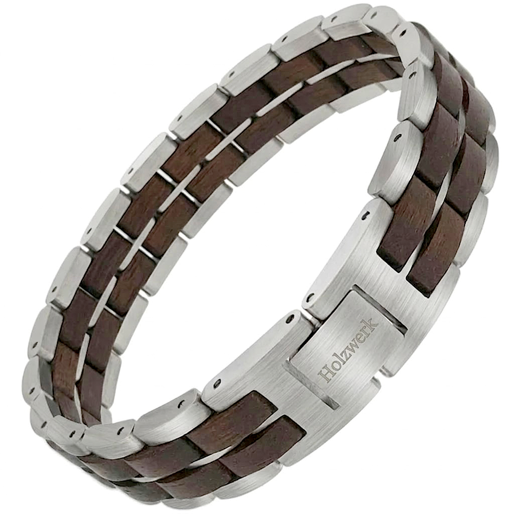 Holzwerk ORTHSEE silber-braunes  Holz Armband aus Walnussholz und Edelstahl mit Gliederkonstruktion Schrägansicht
