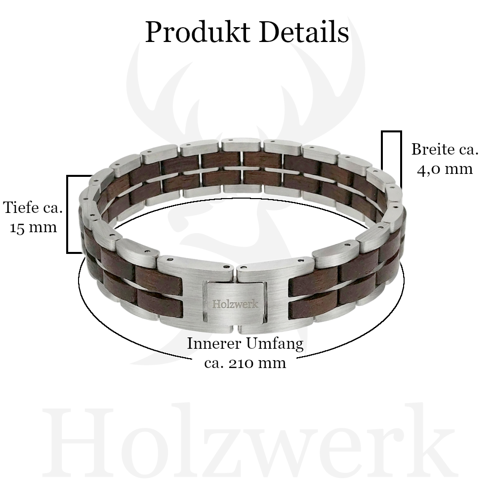 Holzwerk ORTHSEE silber-braunes  Holz Armband aus Walnussholz und Edelstahl mit Gliederkonstruktion mit Maßangaben