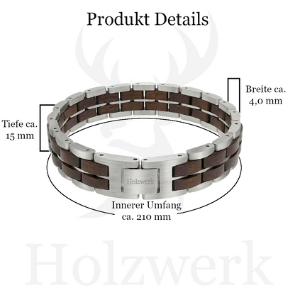 Holzwerk ORTHSEE silber-braunes  Holz Armband aus Walnussholz und Edelstahl mit Gliederkonstruktion mit Maßangaben
